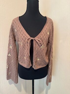 Sincerely Jules Milk Chocolate Brown  Eyelet Tie-Front V-Neck Cardigan